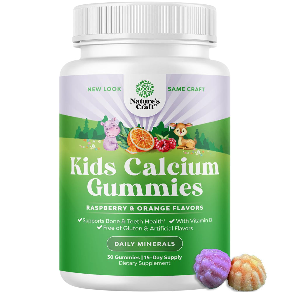 Natures Craft Tasty Kids Calcium Gummies bottle shows easy daily calcium with D3