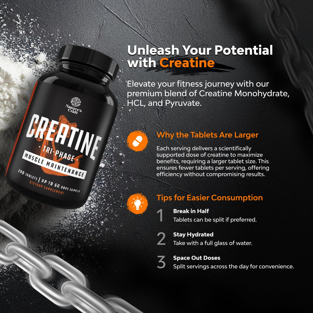 Natures Craft creatine bottle with label emphasizing quality and serving size