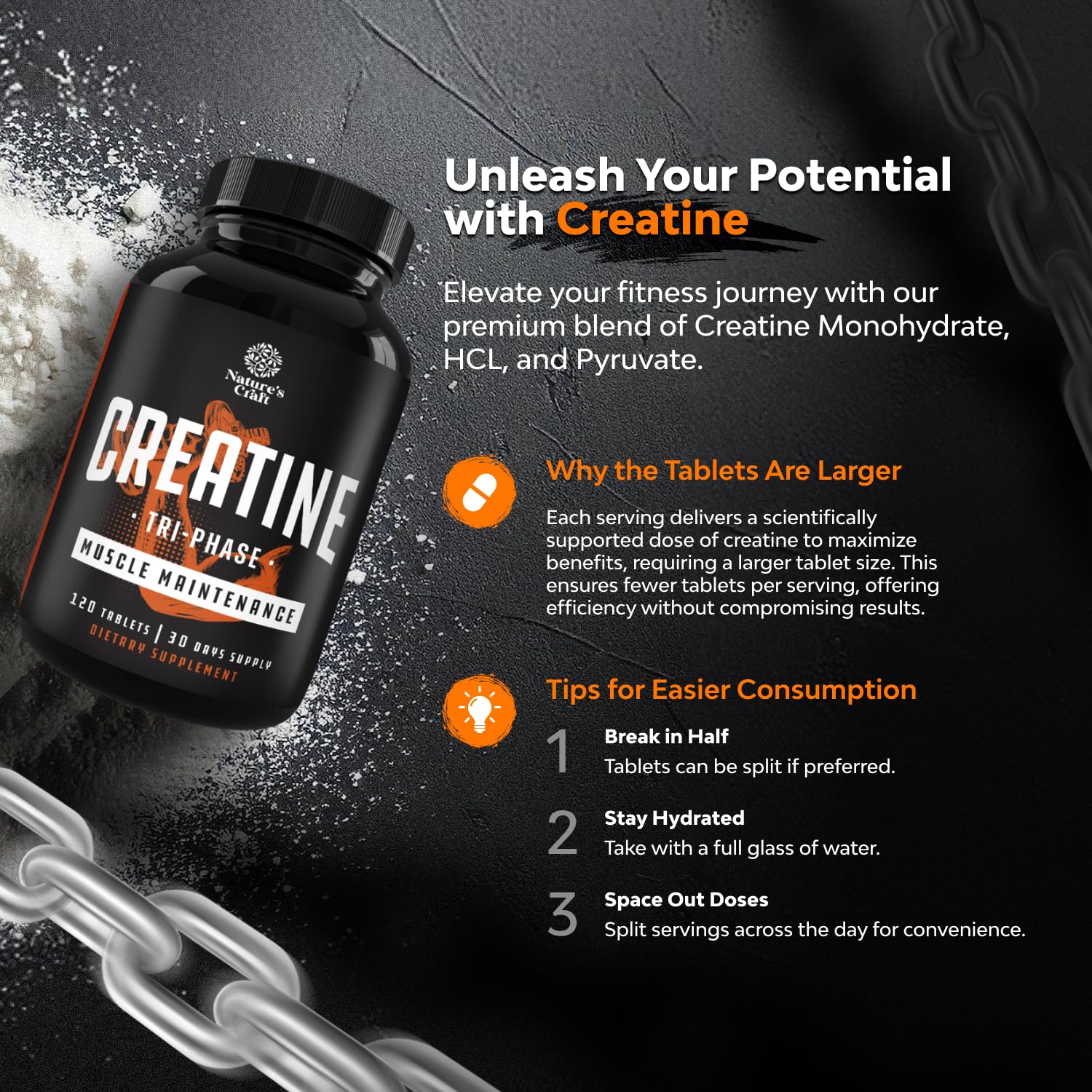 Natures Craft Tri-Phase Creatine Tablets bottle label highlighting high-strength formula