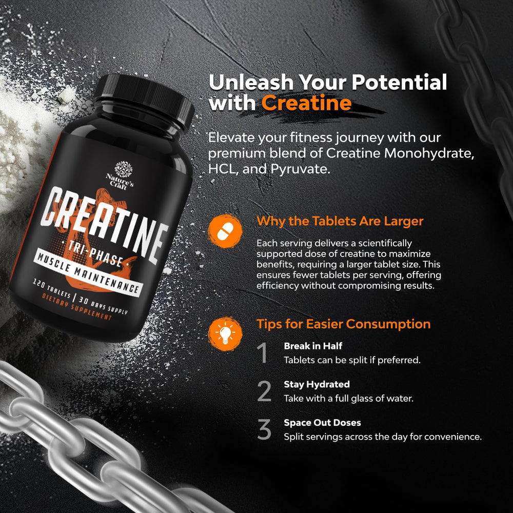 Natures Craft Tri-Phase Creatine Tablets bottle label highlighting high-strength formula
