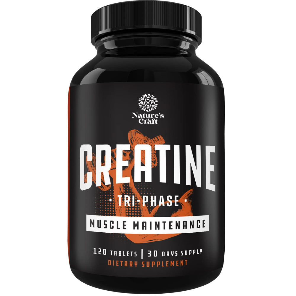 Natures Craft Tri-Phase Creatine Tablets bottle on display for athletes