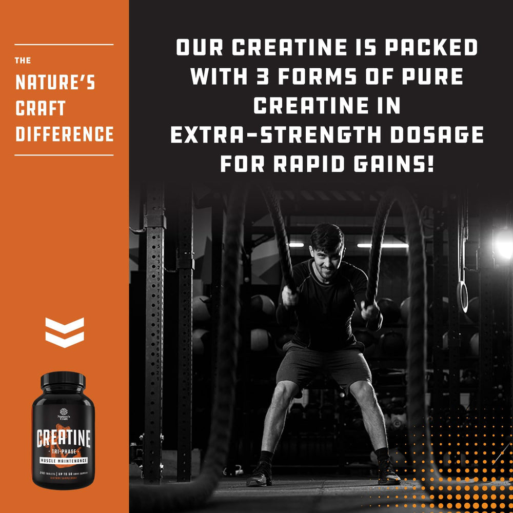 Natures Craft Tri-Phase Creatine tablets on daily workout setup