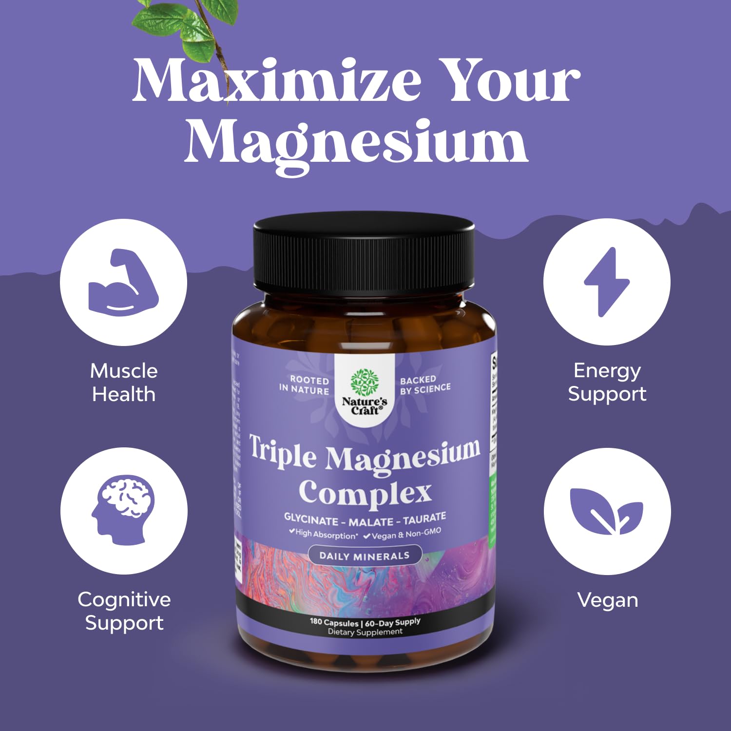 Natures Craft Triple Magnesium bottle back label details the 180 capsules