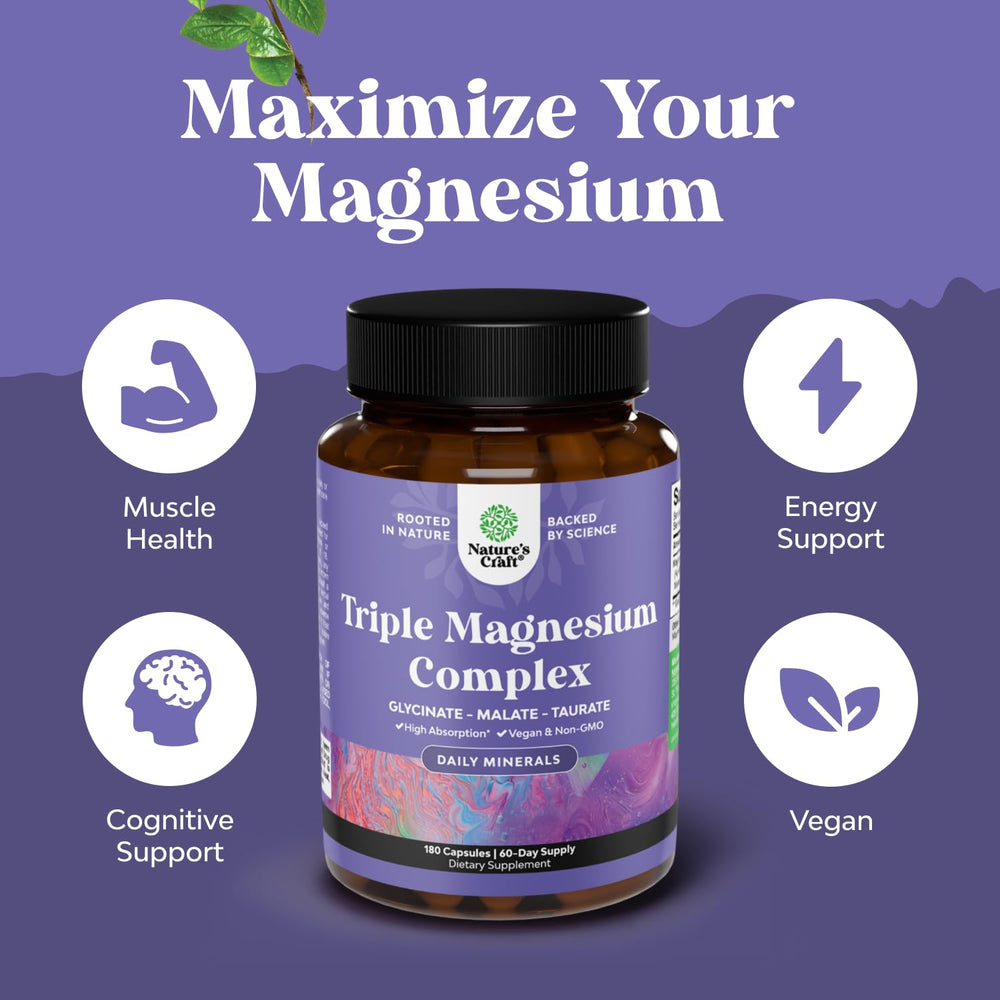 Natures Craft Triple Magnesium bottle back label details the 180 capsules