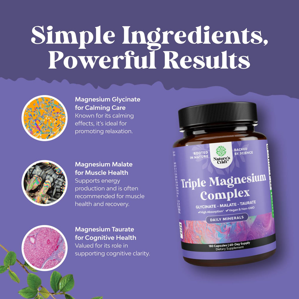 Natures Craft Triple Magnesium capsules spilled illustrate convenient daily dosing