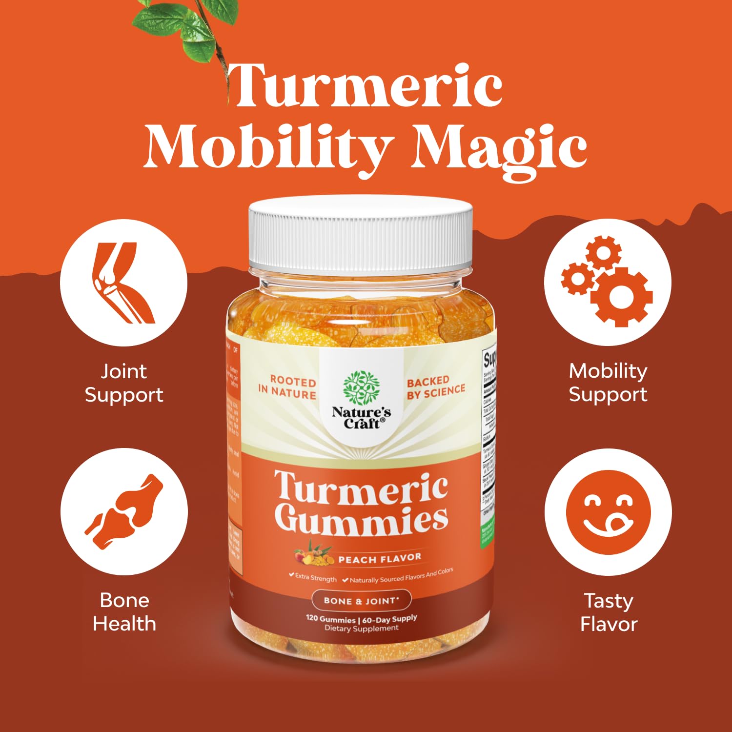 Natures Craft turmeric ginger gummies with fresh ginger accent emphasizing flavor.