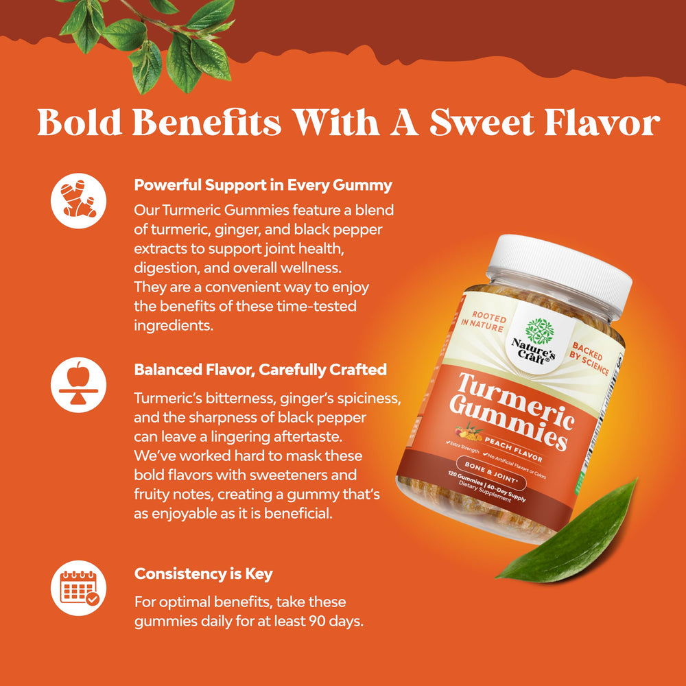 Natures Craft Turmeric Gummies Peach close-up showing vibrant gummies ideal for daily use.
