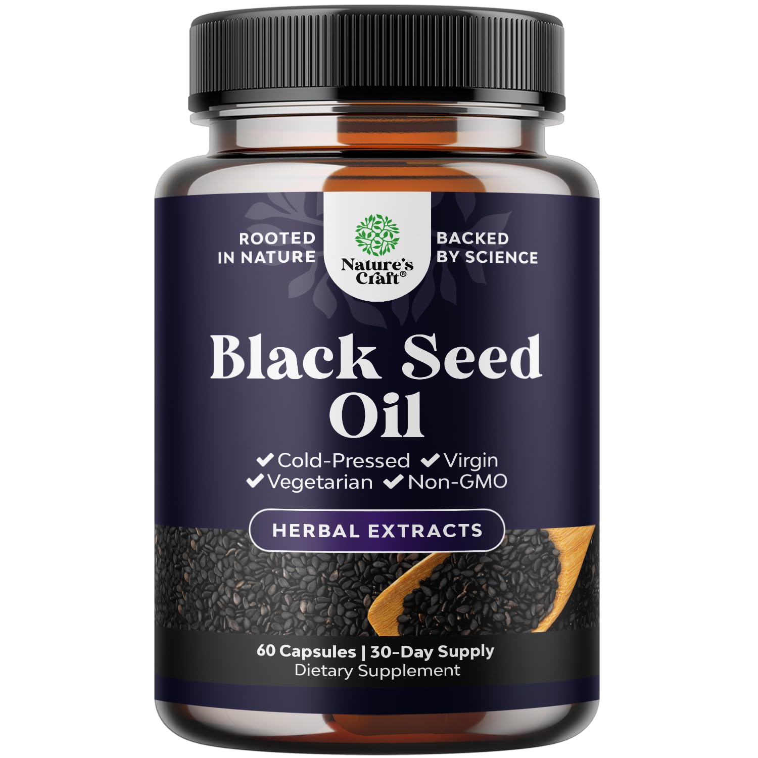 Natures Craft vegan black seed oil capsules bottle showing pure cold-pressed oil for hair support