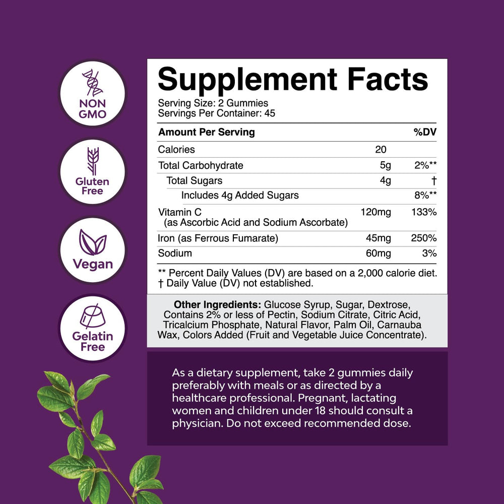 Natures Craft vegan iron gummies 45mg pack, suitable for plant-based diets