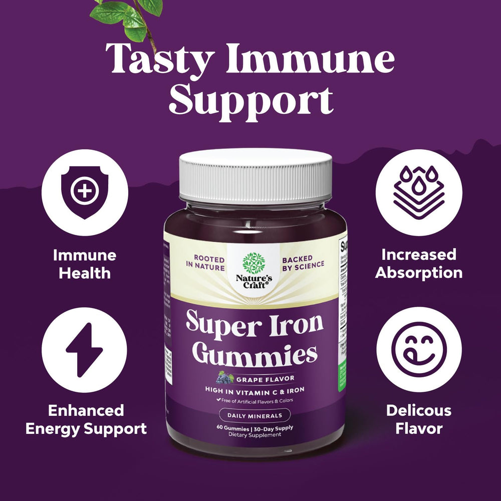 Natures Craft vegan iron gummies label highlighting plant-based formula