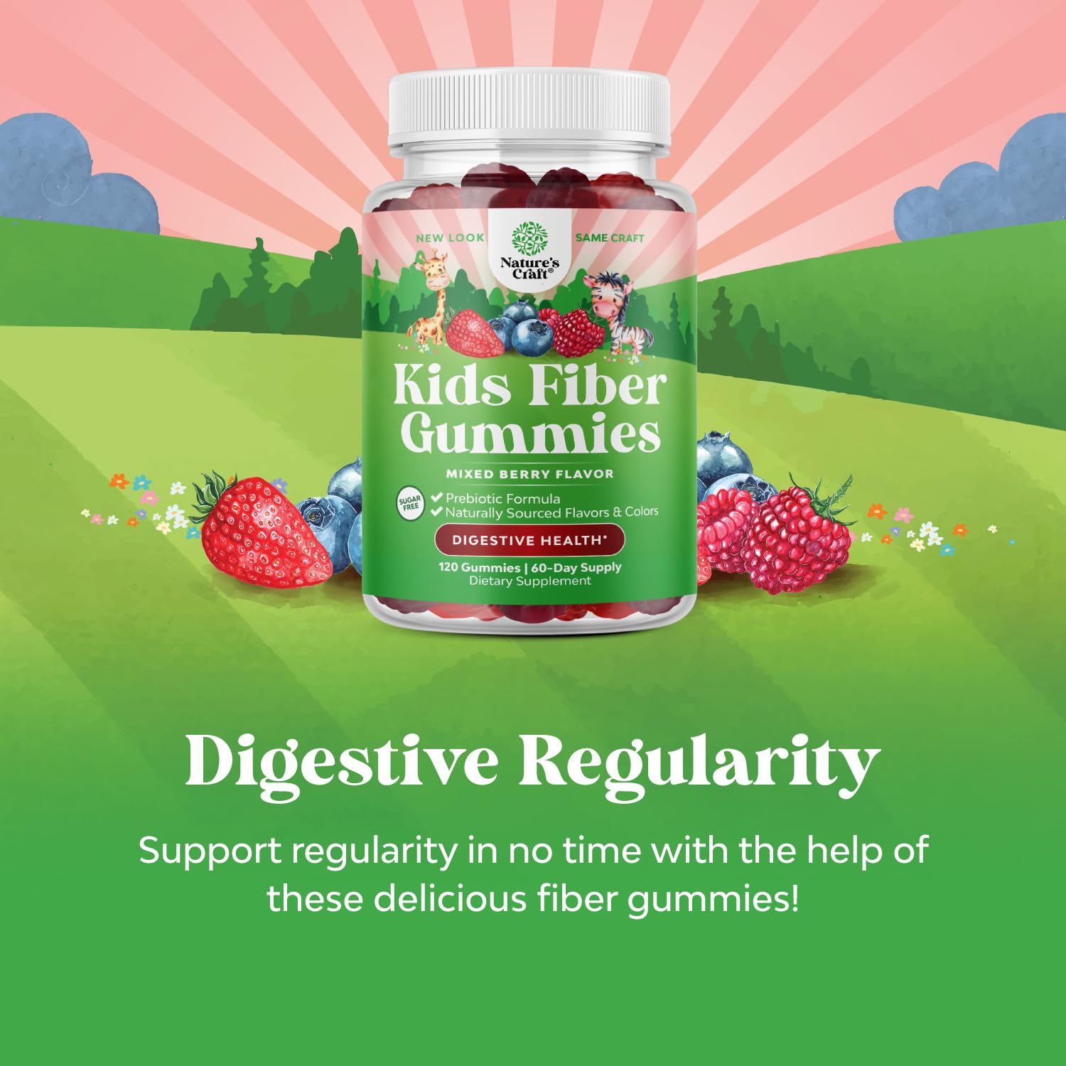 Natures Craft vegan non-GMO fiber gummies close-up showing gluten-free daily fiber option.