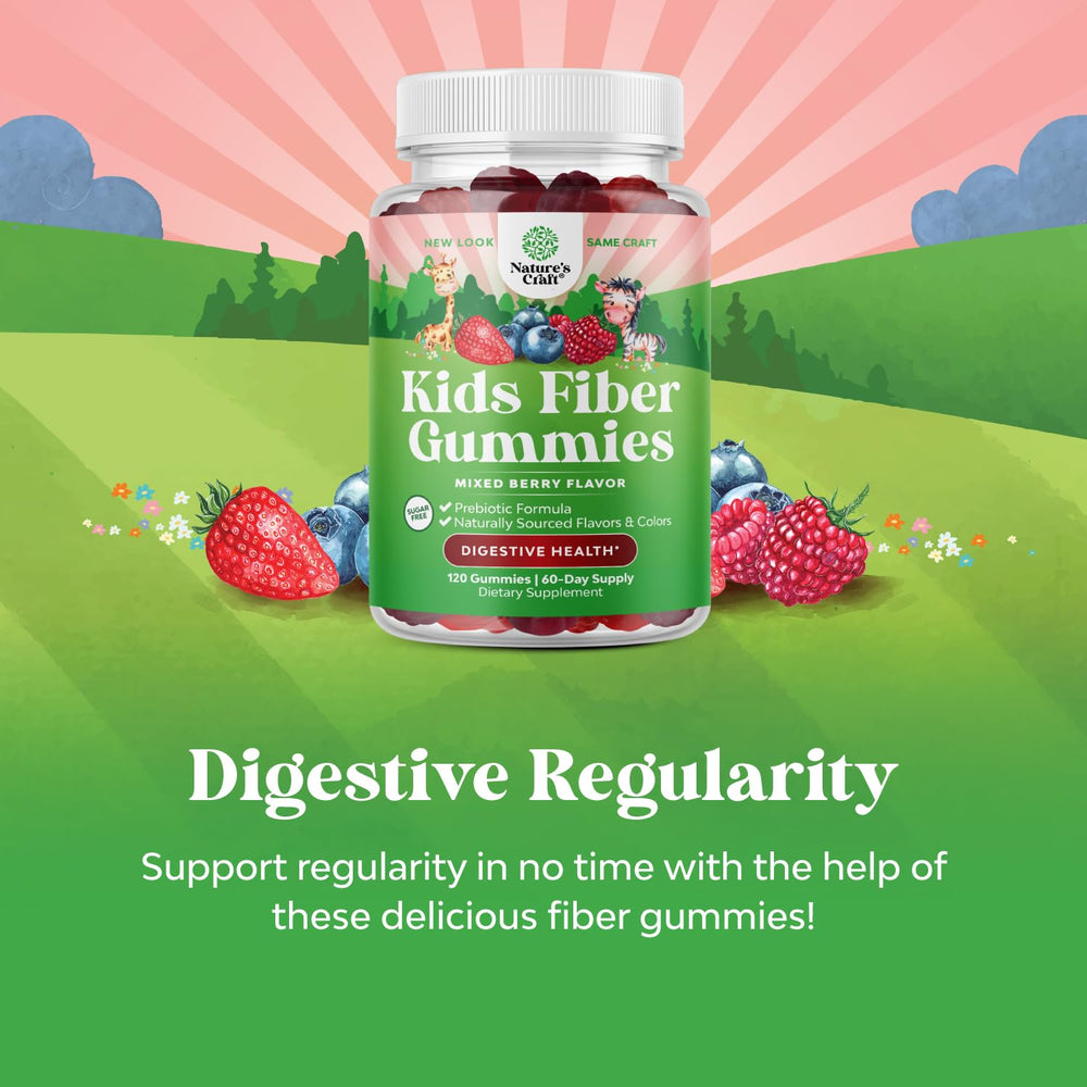 Natures Craft vegan non-GMO fiber gummies close-up showing gluten-free daily fiber option.