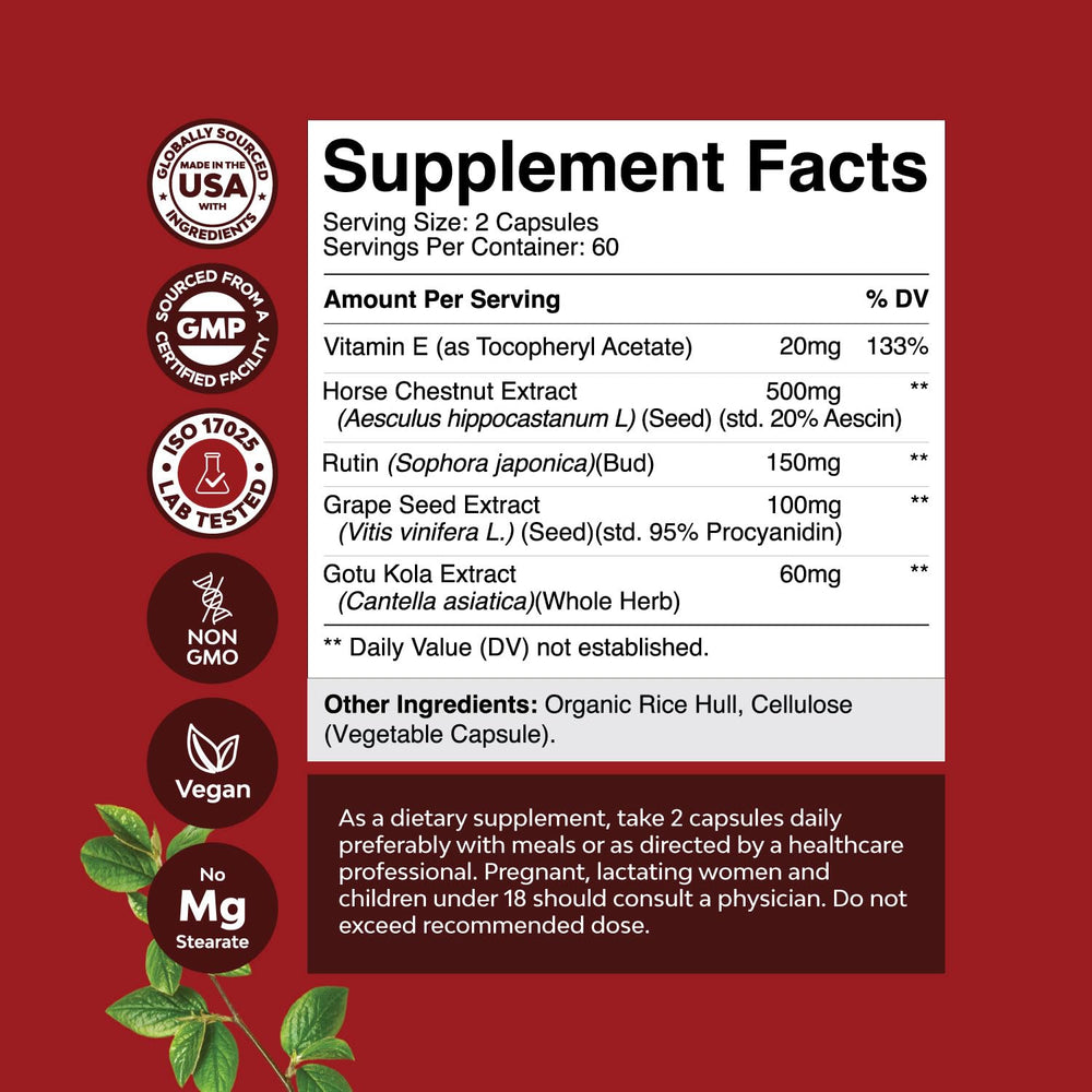 Nature's Craft Vein Support capsules close-up highlighting horse chestnut extract.