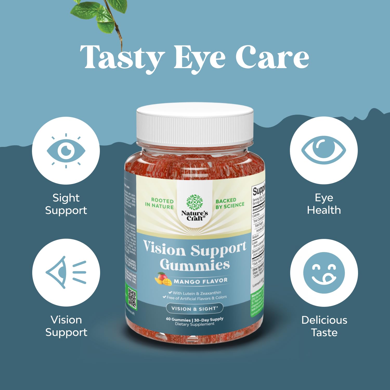 Natures Craft Vision Support label closeup emphasizing ingredients and features