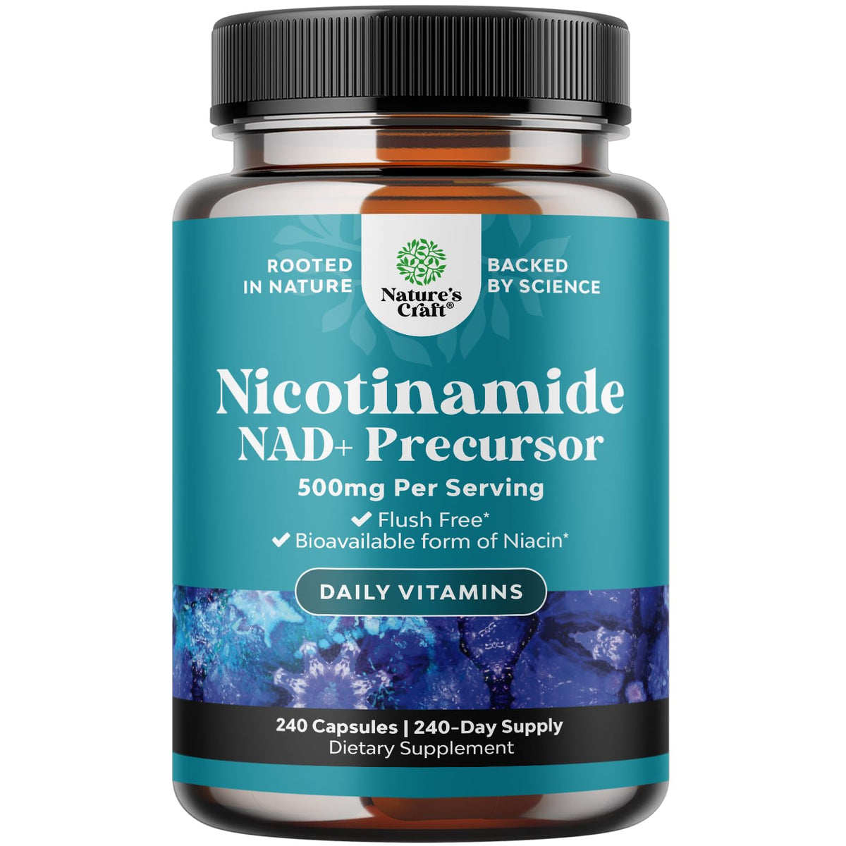 Natures Craft Vitamin B3 Niacinamide 500mg bottle highlights flush-free capsules for skin support.