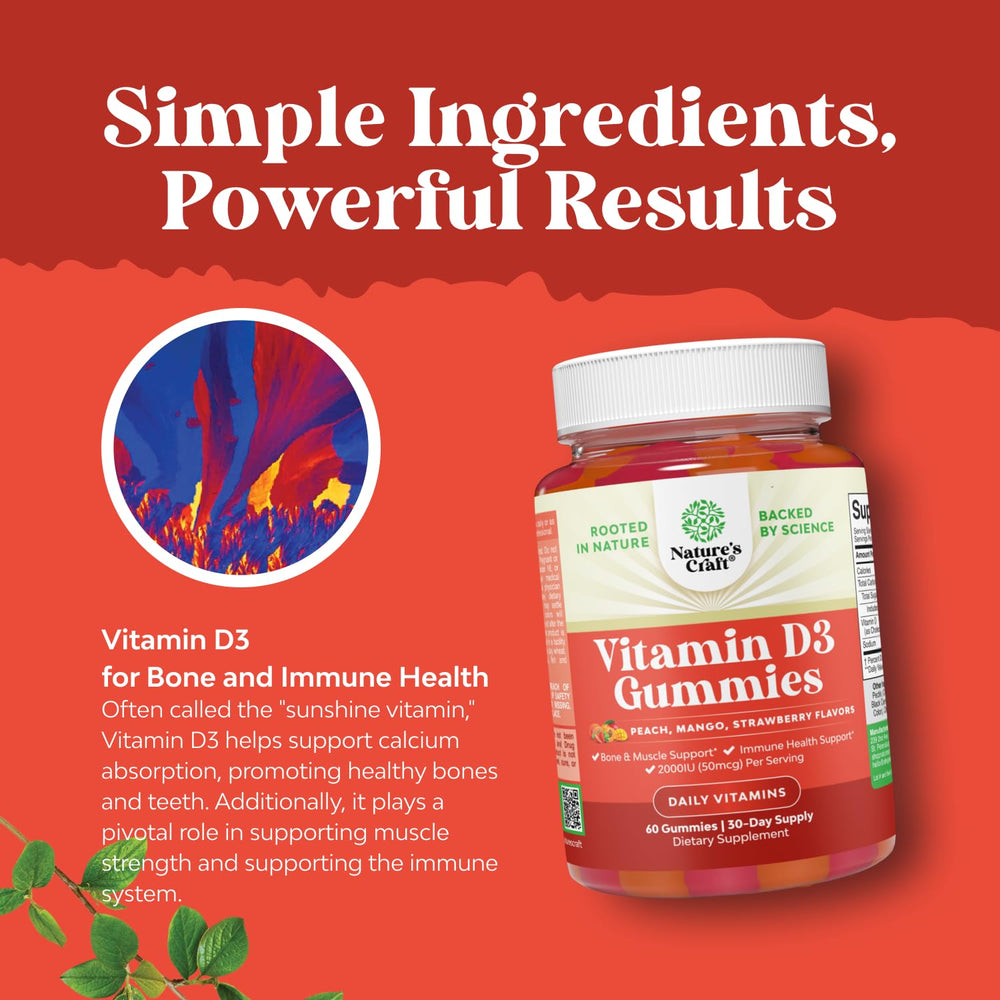 Natures Craft Vitamin D3 Gummies packaging with clear dosage and ingredients.