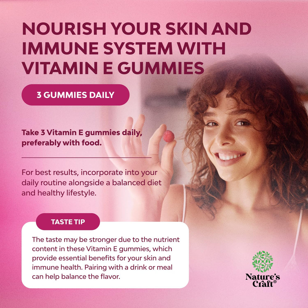 Natures Craft Vitamin E Gummies pour bottle emphasizing convenient daily use
