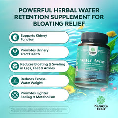 Natures Craft Water Away bottle being poured to illustrate daily dosing.
