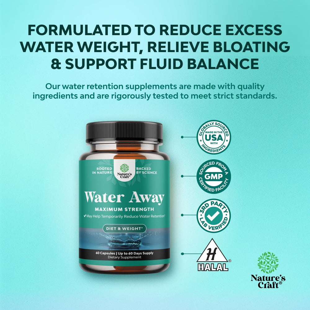 Natures Craft Water Away capsules pack demonstrating convenient daily capsules for diuretic support.