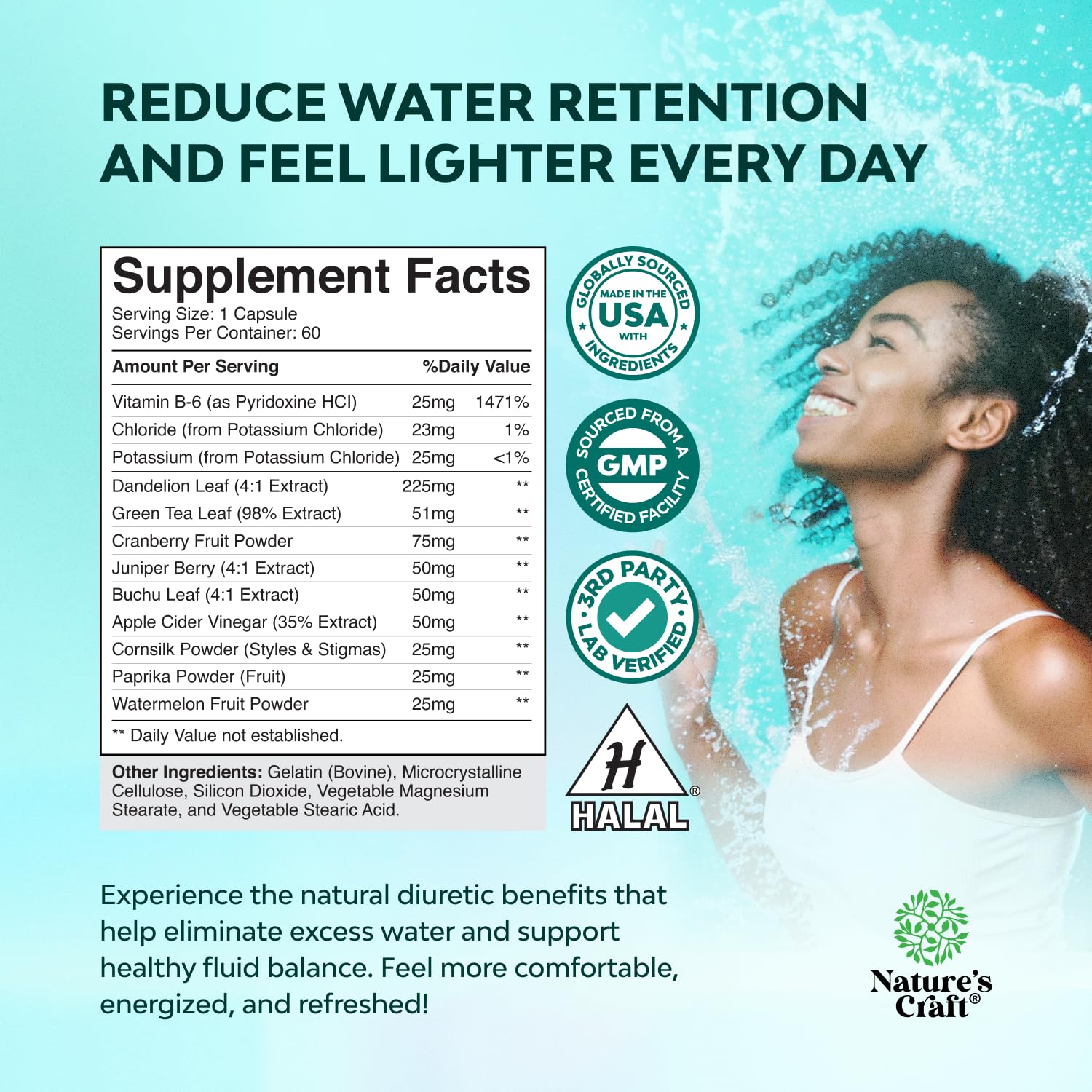 Natures Craft Water Away diuretic pills symbolize natural support for temporary water balance.