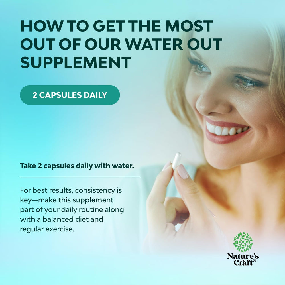 Natures Craft Water Away hand holding bottle to suggest on-the-go use and bloating relief potential.