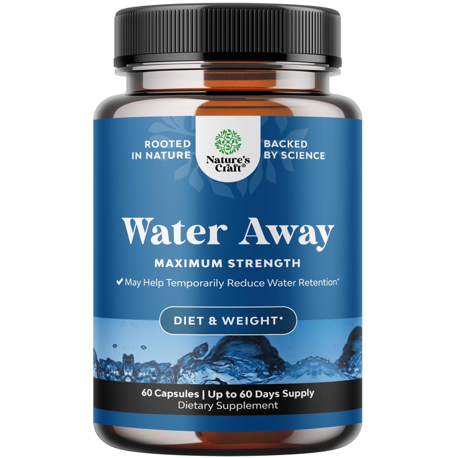 Natures Craft Water Away pills bottle cap on kitchen counter for daily hydration comfort.