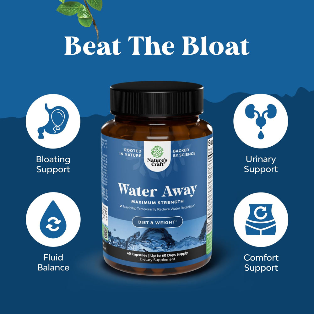 Natures Craft Water Away pills close-up highlighting capsules for fluid balance.