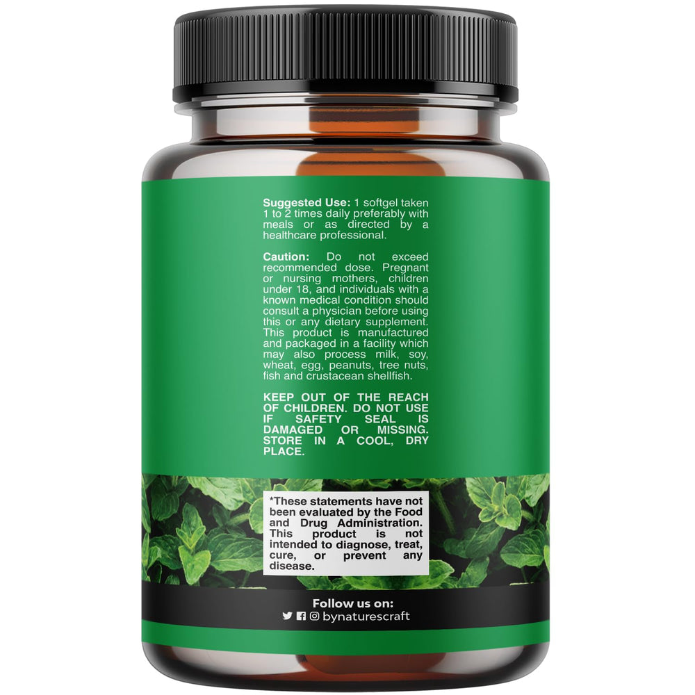 Natures Craft oregano oil softgels capsules close-up for gentle digestion support.