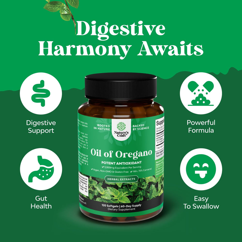 Natures Craft Wild Oregano Oil Softgels bottle label showing purity and quality.