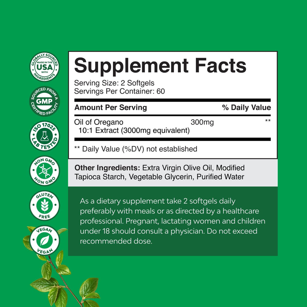 Natures Craft Wild Oregano Oil Softgels capsules closeup highlighting carvacrol potency.