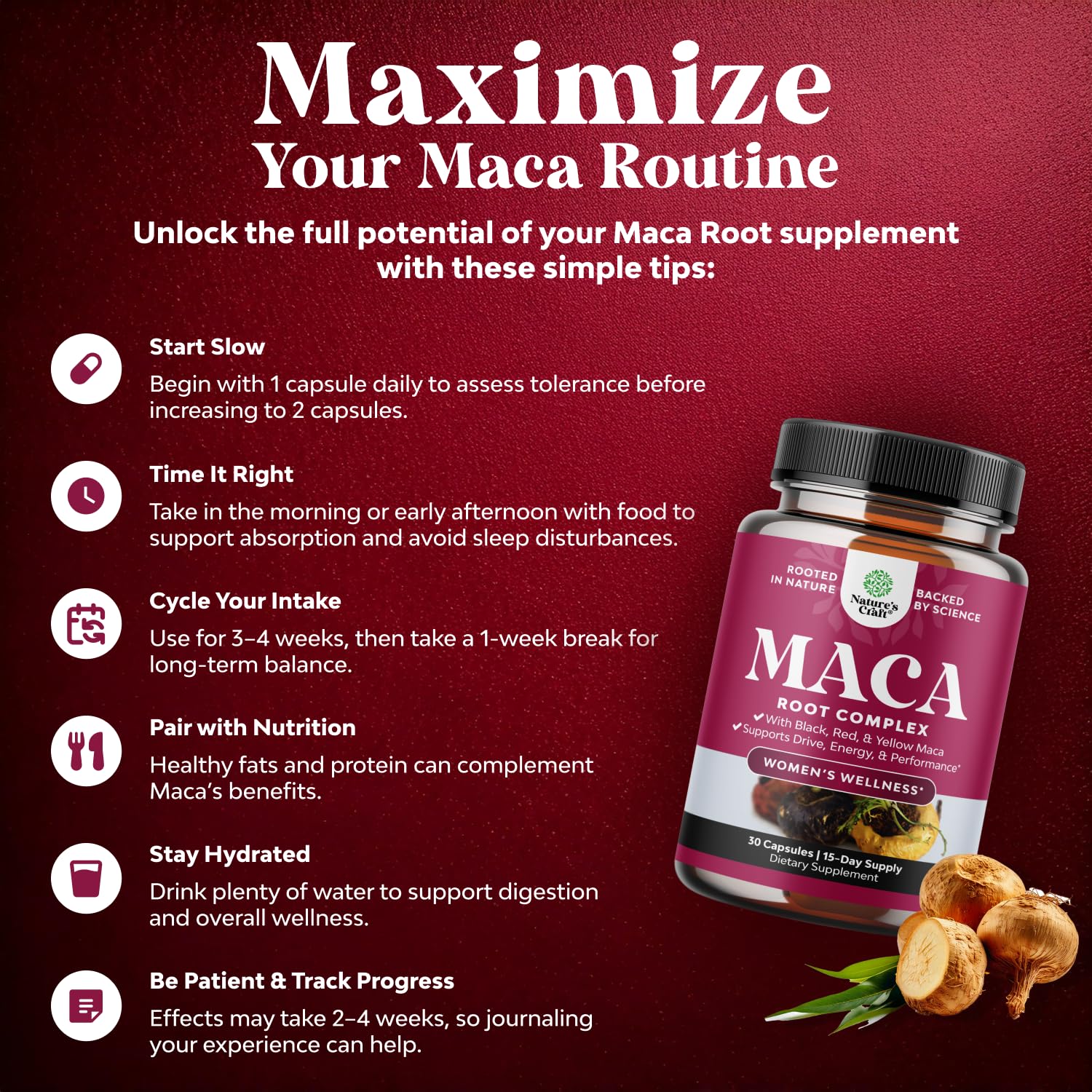 Natures Craft maca capsules for women's wellness, supporting energy and mood.