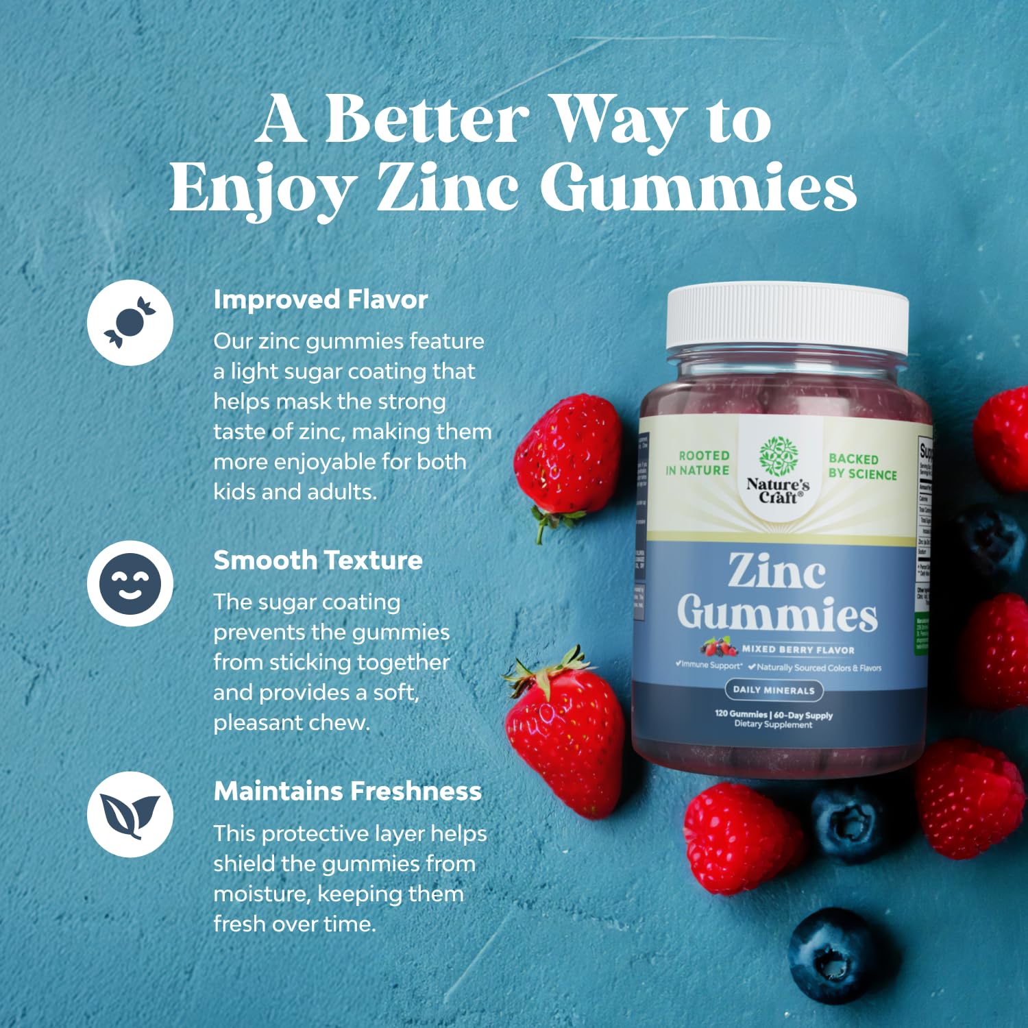 Natures Craft Zinc Gummies bottle standing beside fruits signaling energy and wellness.