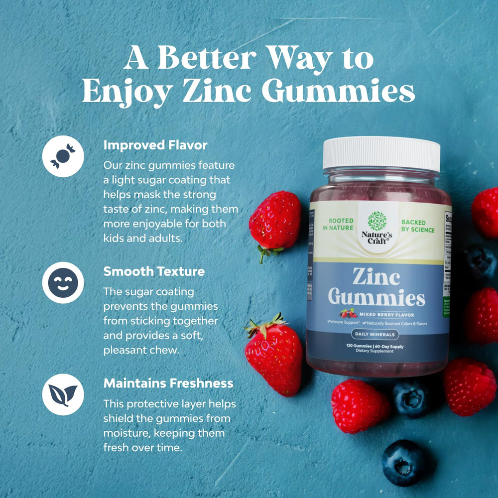 Natures Craft Zinc Gummies bottle standing beside fruits signaling energy and wellness.