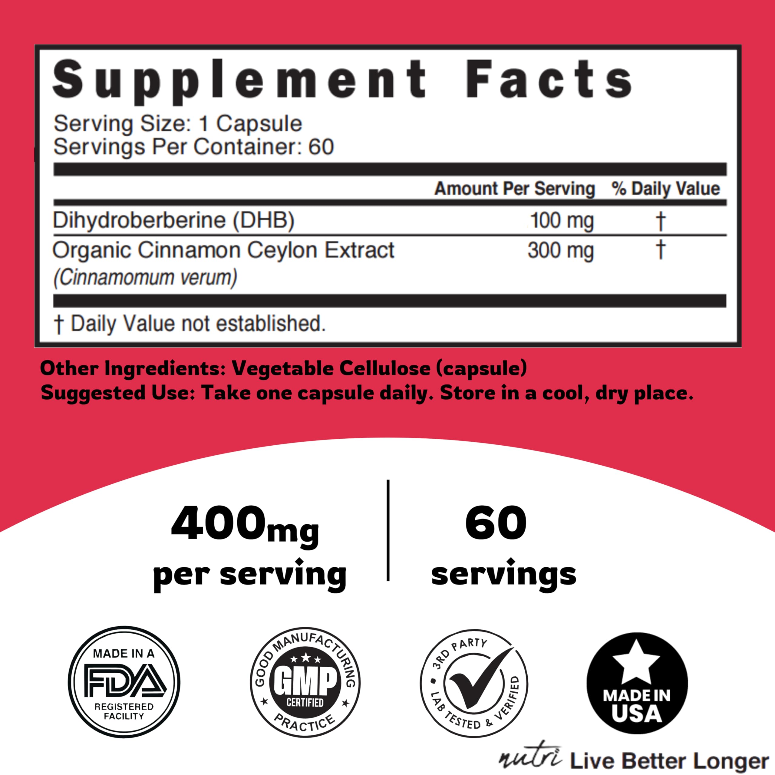 Ingredient panel of Nature's Fusions Dihydroberberine showing Cinnamon extract as a key component.