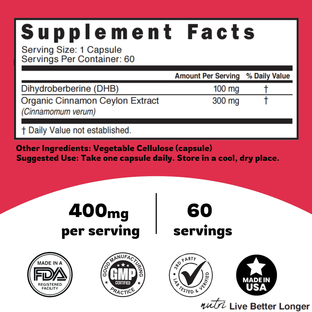 Ingredient panel of Nature's Fusions Dihydroberberine showing Cinnamon extract as a key component.