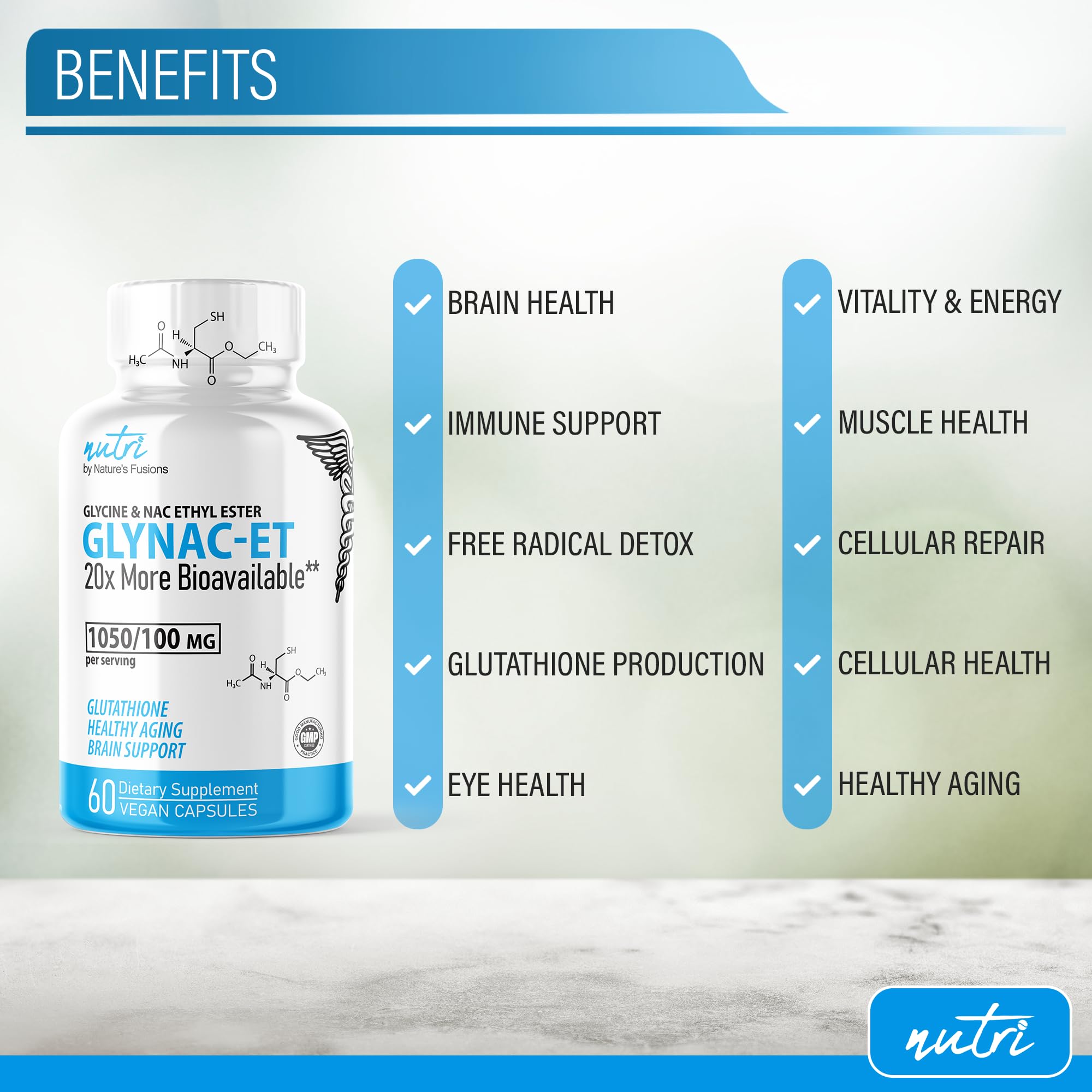 Nature's Fusions GlyNAC-ET dosage scoop shown.