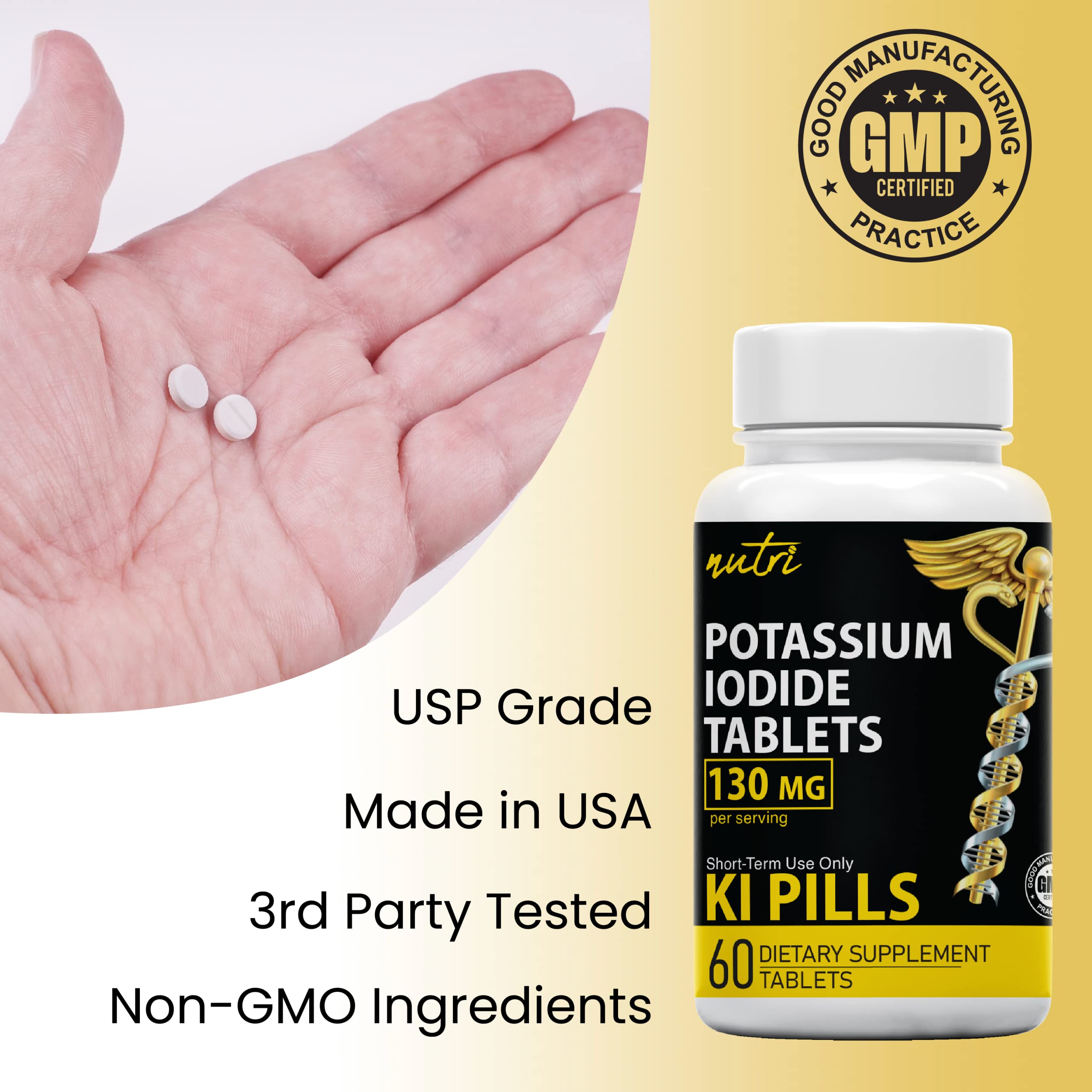 Nature's Fusions potassium iodide tablets close-up, USP-grade purity from raw crystals.