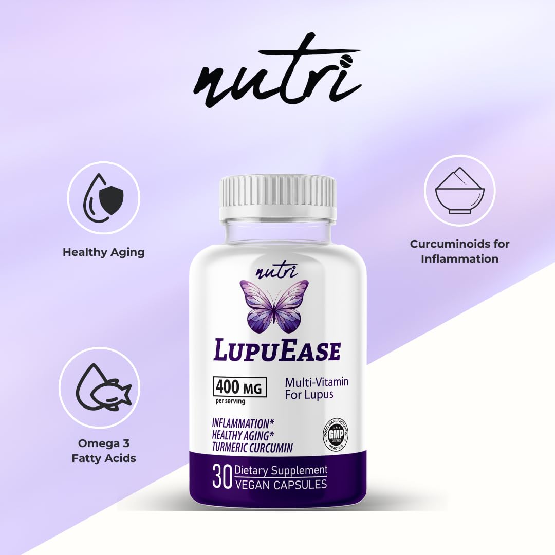 Close-up of LupuEase label highlighting turmeric and omega-3 contents