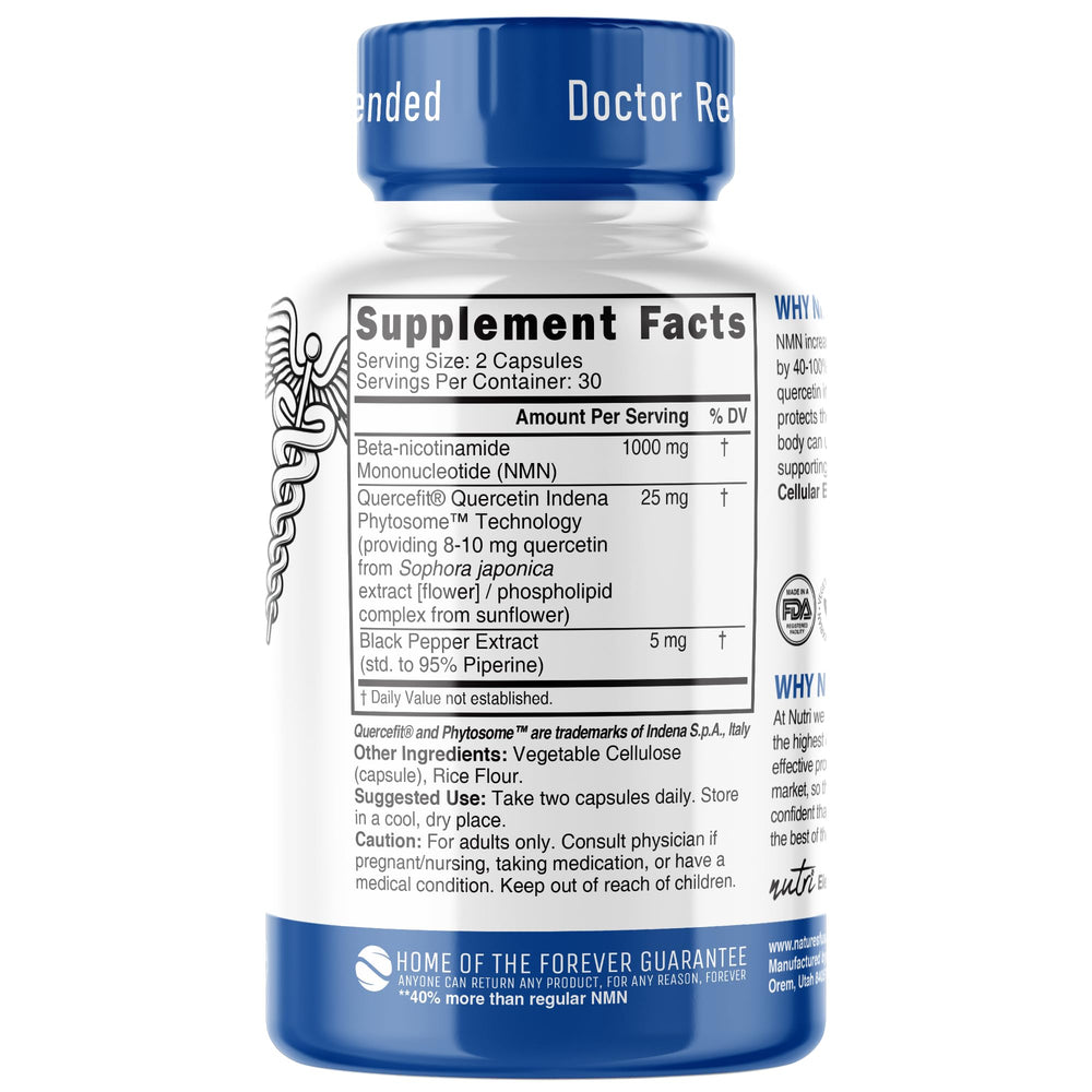 Close-up of Nature's Fusions NMN bottle highlighting stabilized NMN absorption