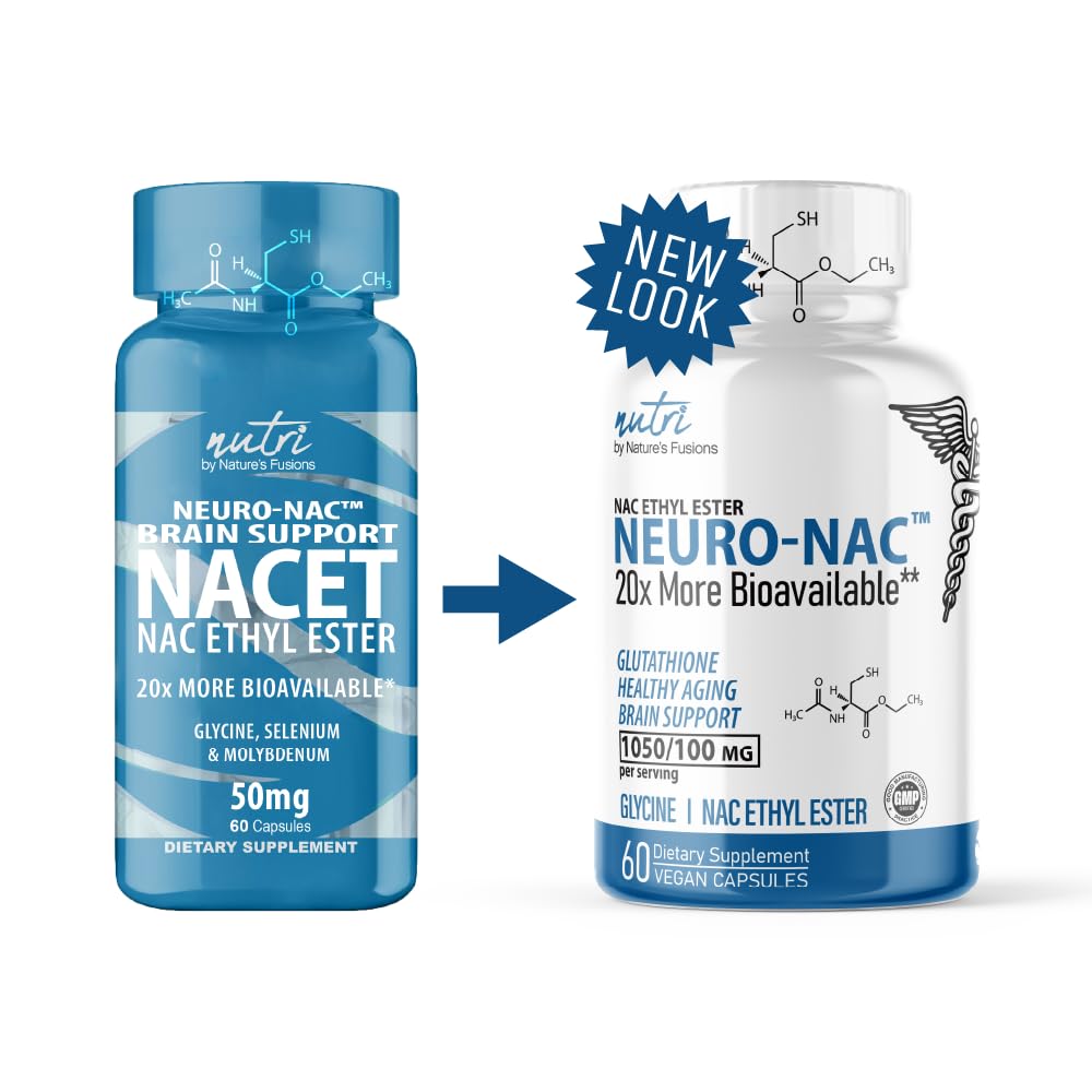 Close-up of Nature's Fusions Neuro NAC capsules showing small, easy-to-swallow tablets.