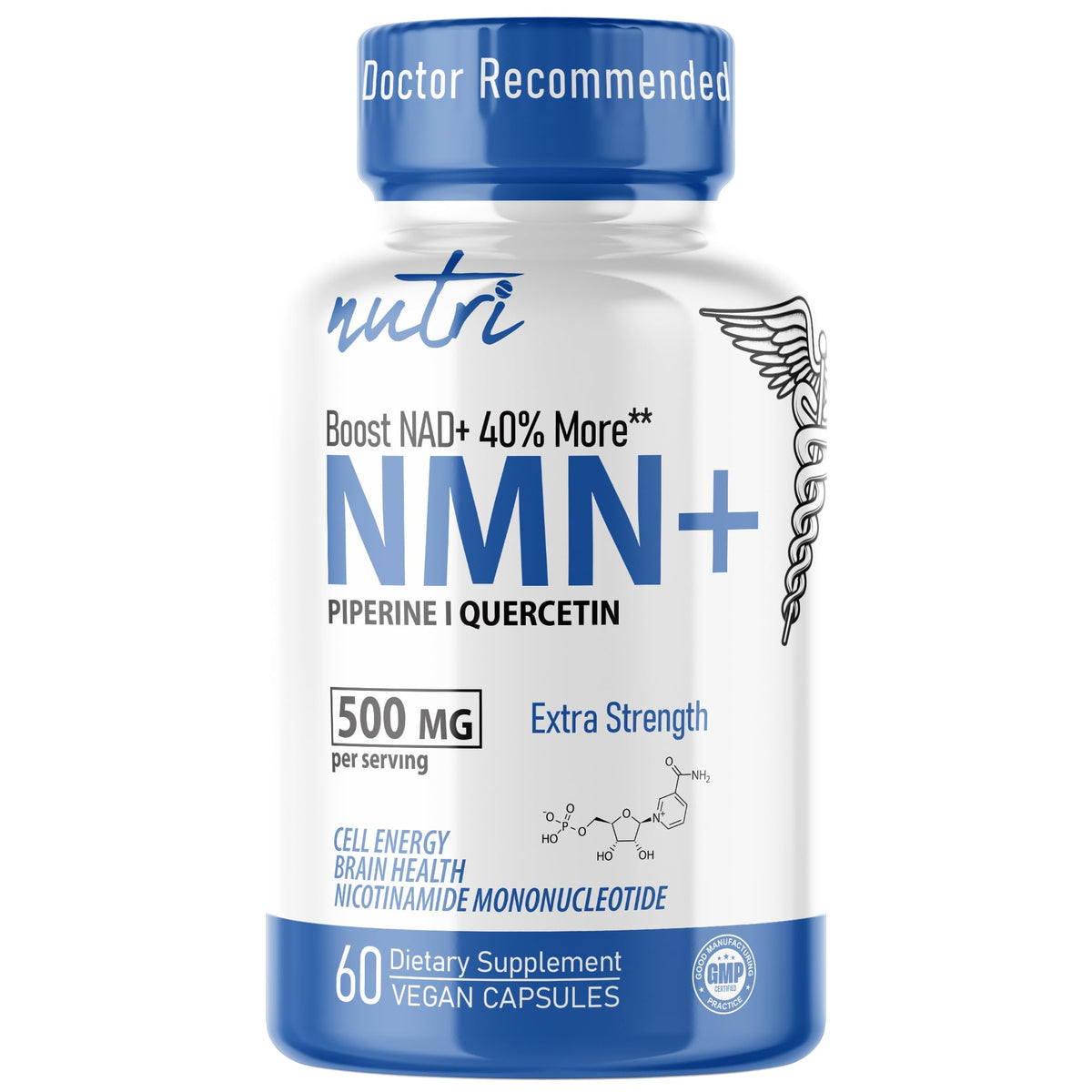 Nature's Fusions NMN bottle with 60 capsules for daily energy support.
