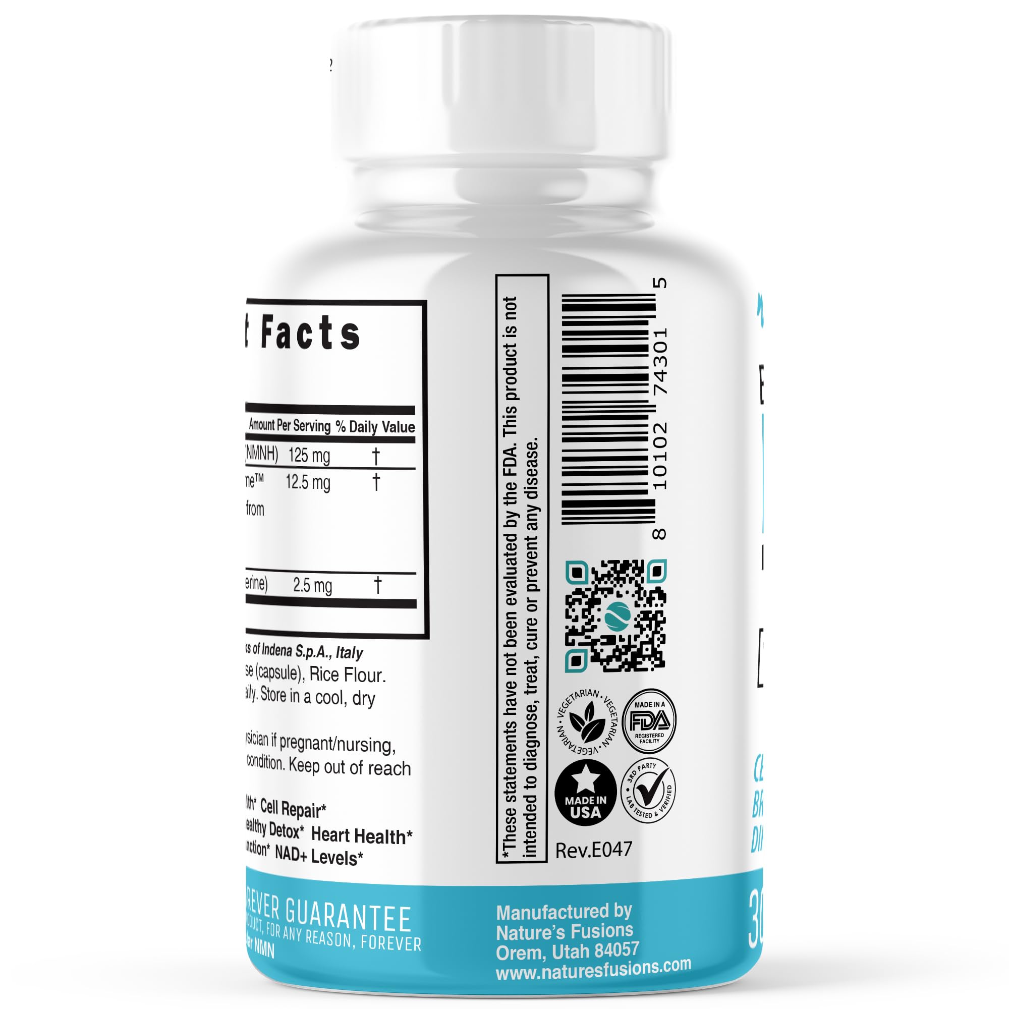 Nature's Fusions NMNH bottle side view for convenient mitochondrial-friendly supplementation.