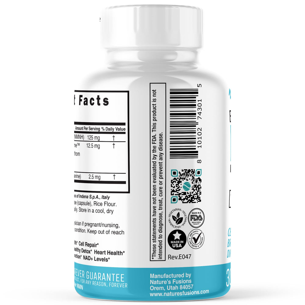 Nature's Fusions NMNH bottle side view for convenient mitochondrial-friendly supplementation.