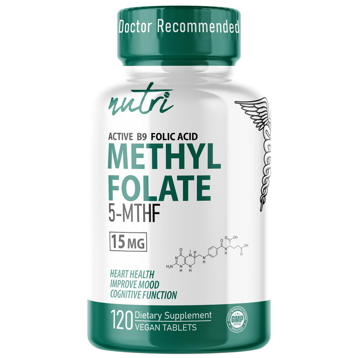 Nature's Fusions Nutri 5-MTHF bottle being poured for easy intake
