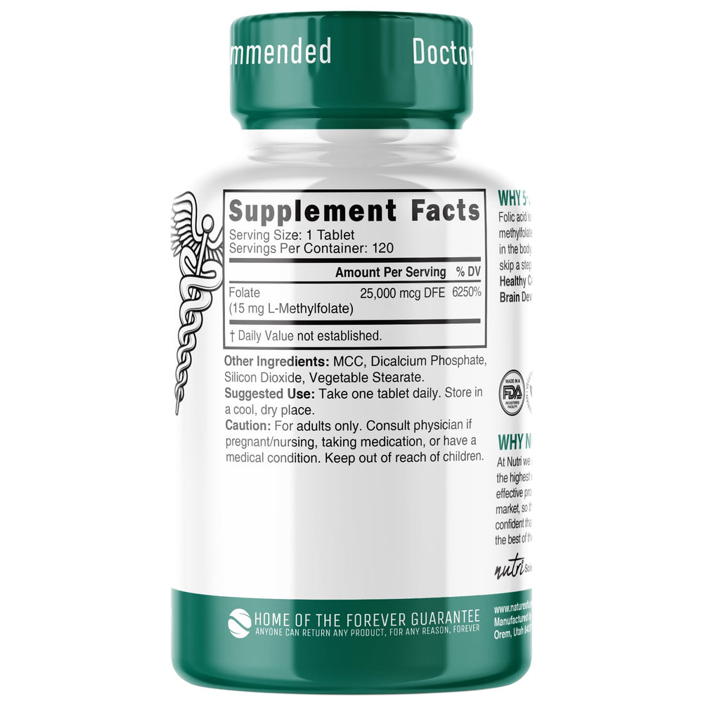 Nature's Fusions Nutri 5-MTHF tablets close-up highlighting potent methylfolate