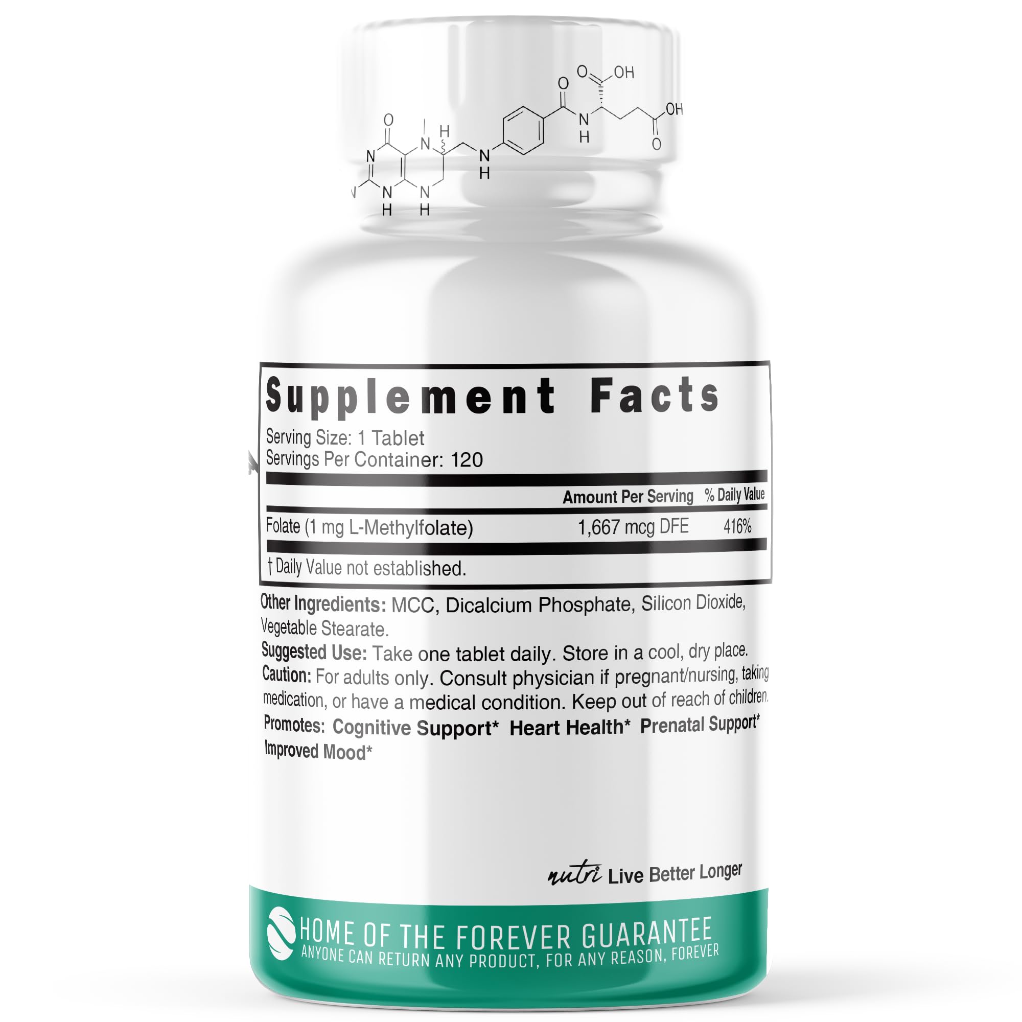 Nature's Fusions Nutri 5-MTHF tablets close-up for bioavailable folate.