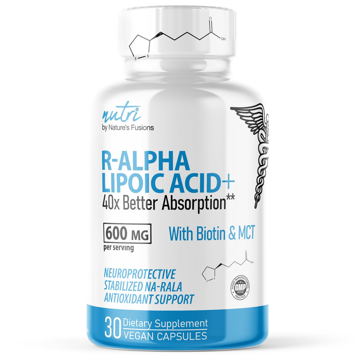 Nature's Fusions Nutri R-ALA 600mg bottle label highlighting antioxidant support.