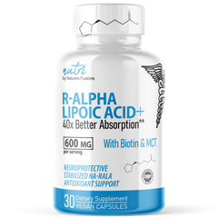 Nature's Fusions Nutri R-ALA 600mg bottle label highlighting antioxidant support.