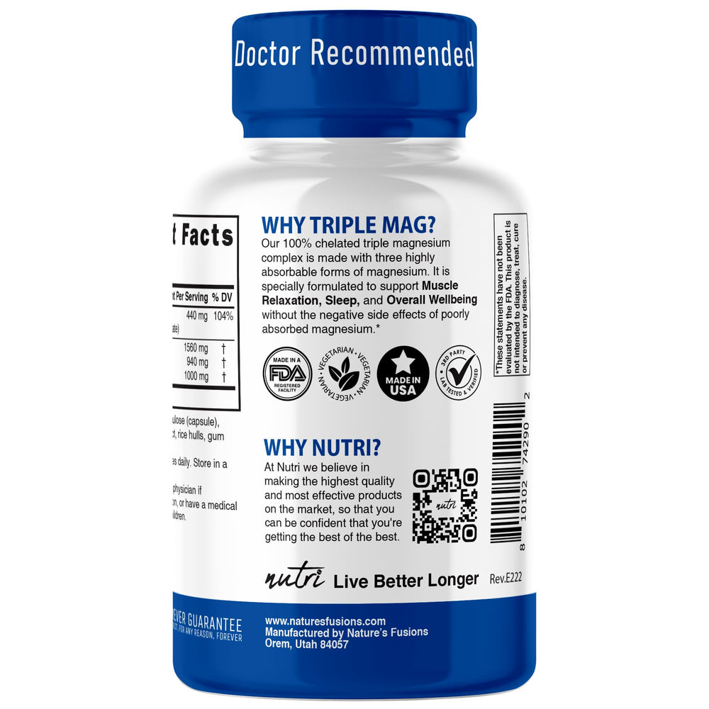 Nature's Fusions Nutri Triple Magnesium ingredients label emphasizes three magnesium forms