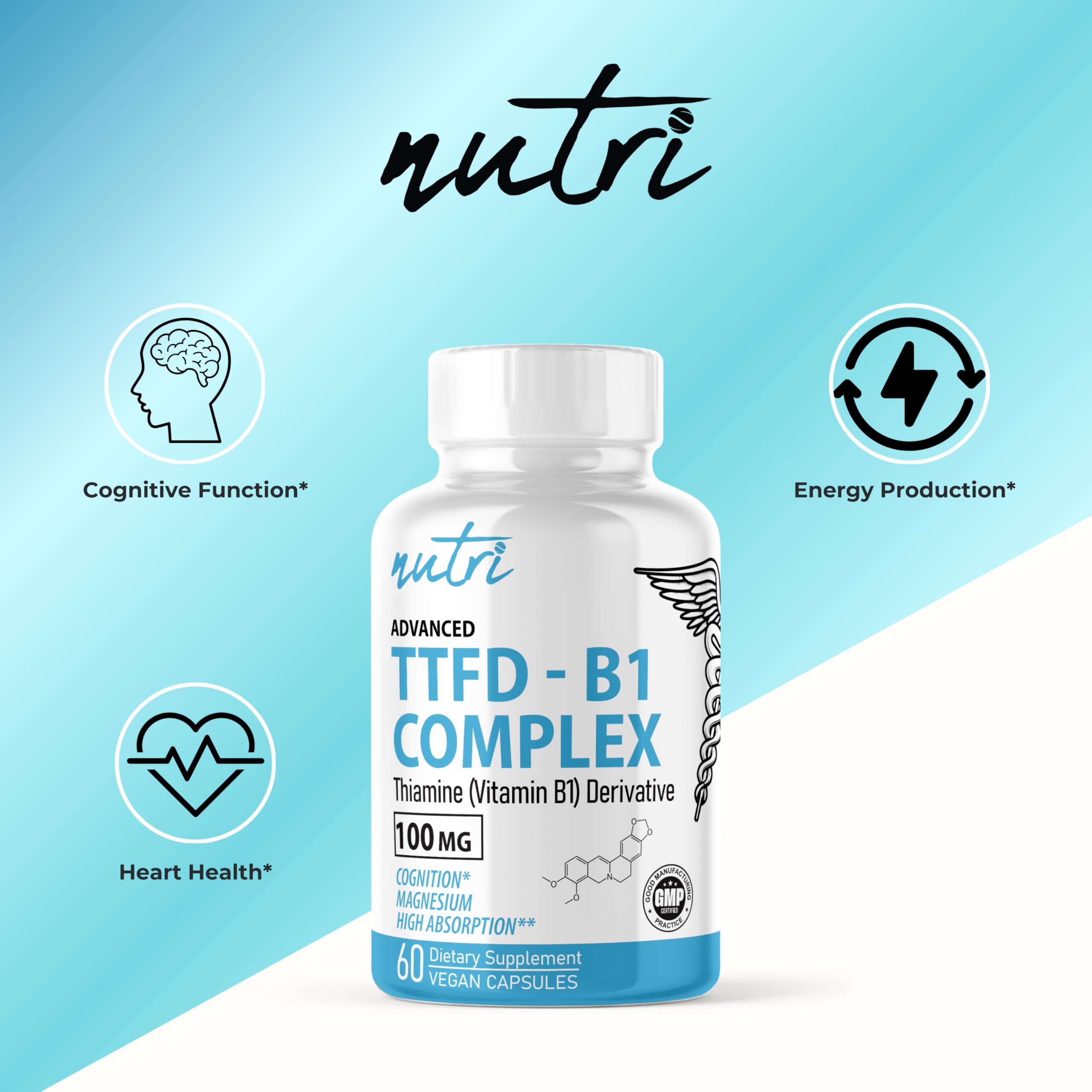 Nature's Fusions TTFD Thiamine B1 bottle pour suggests easy daily usage